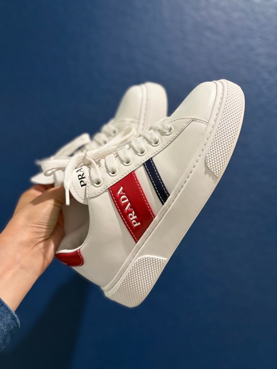 Prada Shoes - Prada White Leather Sneakers Red Stripe | Size 35 | Like New | Full Set